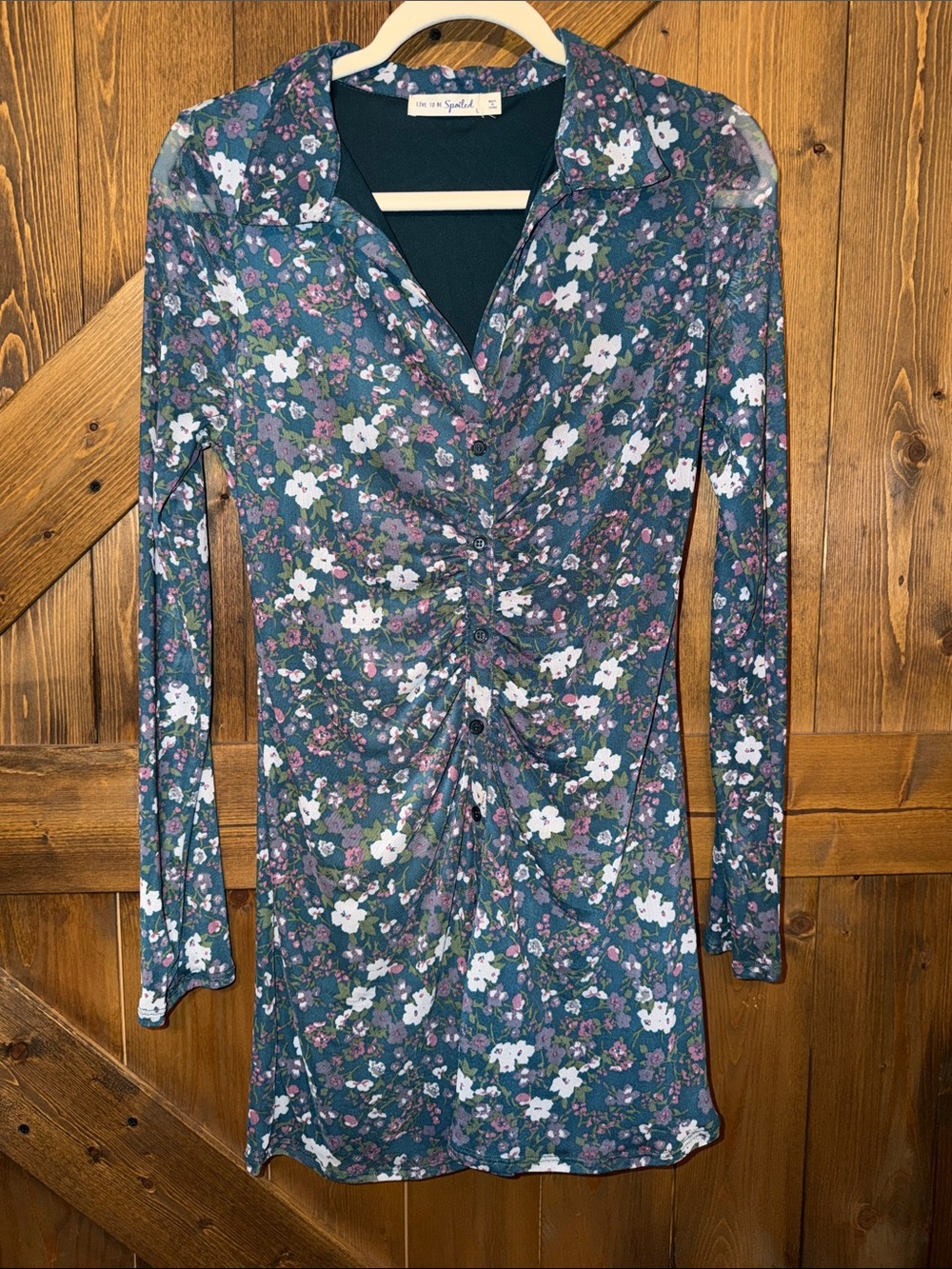Live to be Spoiled Moss Green Floral Long-sheer Sleeve Ruched Dress size Large